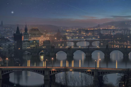 HD desktop wallpaper of Prague's cityscape at dusk, featuring iconic man-made bridges illuminated over the calm river.