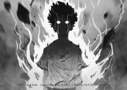 HD desktop wallpaper of an intense, shadowed anime character from Mob Psycho 100, surrounded by flames, with a powerful and surreal aura.
