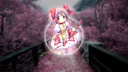 HD PC desktop wallpaper featuring Madoka Kaname from the anime Puella Magi Madoka Magica, set against a blurred cherry blossom background.