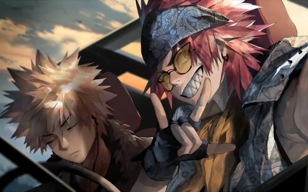 HD desktop wallpaper featuring Eijiro Kirishima and Katsuki Bakugou from the anime My Hero Academia. Kirishima is smiling and making a peace sign while Bakugou appears to be resting.