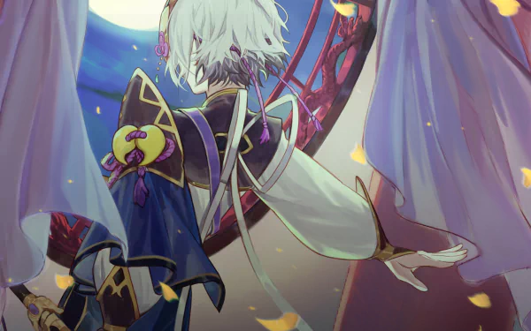 HD PC desktop wallpaper featuring Lanling Wang from Fate/Grand Order in anime style, with vibrant colors and intricate costume details against a moonlit backdrop.