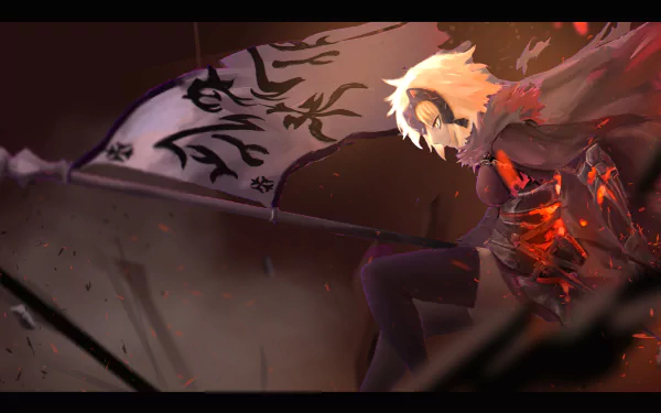 4K Ultra HD anime wallpaper featuring Jeanne d'Arc Alter from Fate/Grand Order as Avenger, showcasing dynamic lighting and fiery effects.