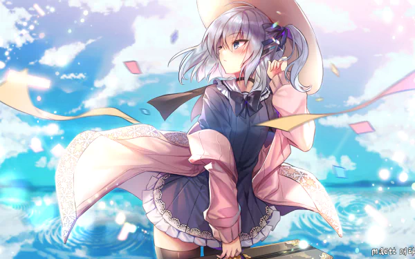 HD desktop wallpaper featuring an anime character with short hair, blue eyes, and a bow in her hair. She is looking wistfully at the sky. The scene is vibrant with floating papers and a bright background.