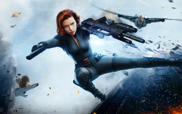 4K Ultra HD wallpaper featuring Scarlett Johansson as Black Widow and Falcon from Captain America: The Winter Soldier in dynamic action poses.