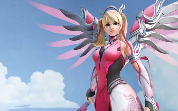 Mercy from Overwatch in pink Valkyrie armor with glowing mechanical wings against a blue sky — 5K Ultra HD PC desktop wallpaper/background, video game artwork.