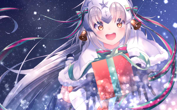 Lancer from Fate/Grand Order in vibrant anime style holding a gift, set against a sparkling snowy background in this 4K Ultra HD PC desktop wallpaper.