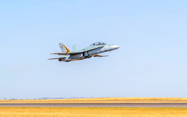 McDonnell Douglas F/A-18 Hornet jet fighter aircraft flying low over a dry landscape against a clear blue sky in 4K Ultra HD.