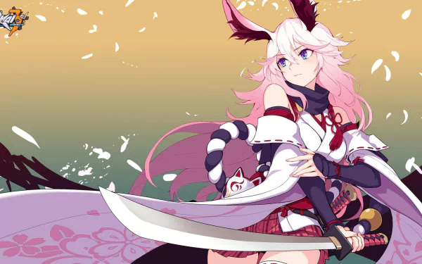 HD desktop wallpaper featuring Yae Sakura from the video game Honkai Impact 3rd, with a blossom-adorned background and a dynamic pose showcasing her sword.