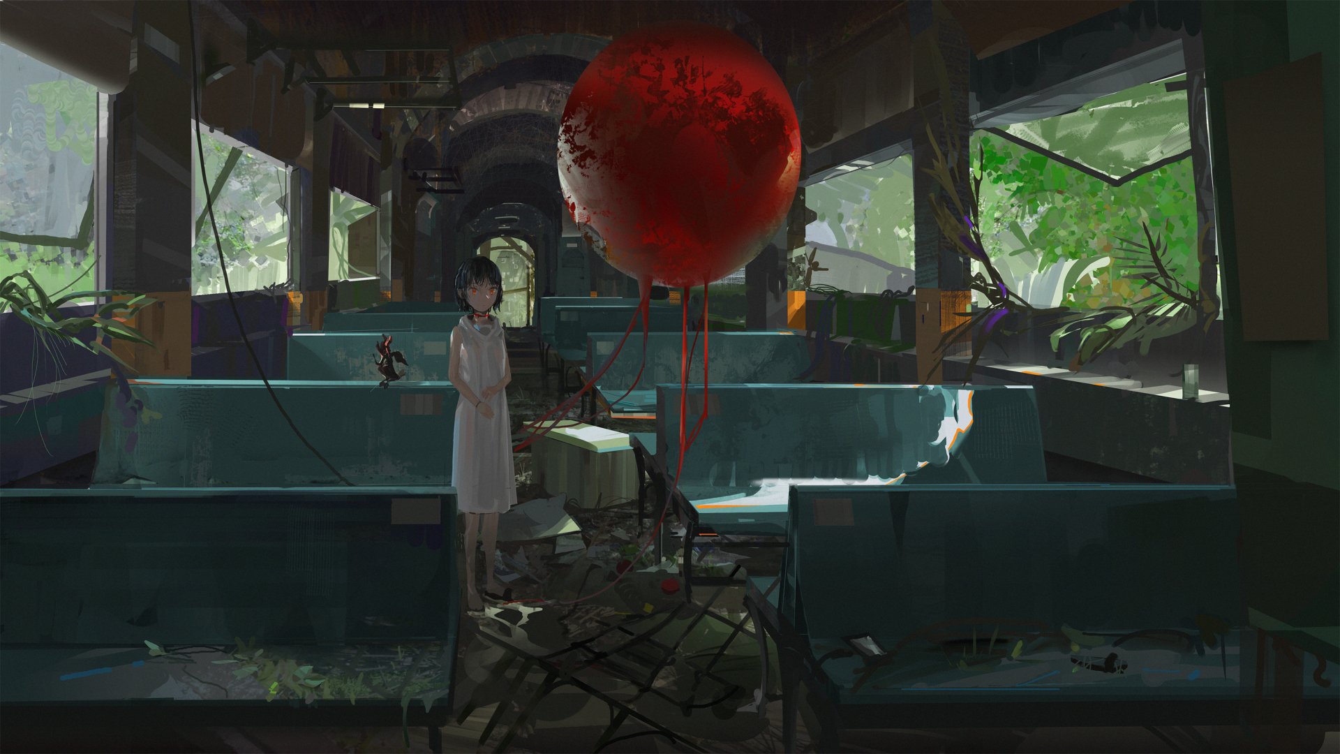 HD Anime desktop wallpaper of an abandoned train interior with overgrown greenery. A person in white stands beside a large red balloon, creating an eerie, mysterious scene.