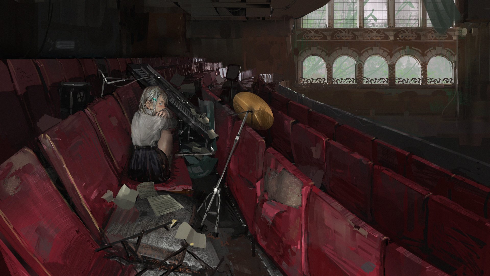 HD wallpaper showcasing an anime character sitting in an abandoned theater with a drum set and piano present, creating a blend of music and cinematic atmosphere.