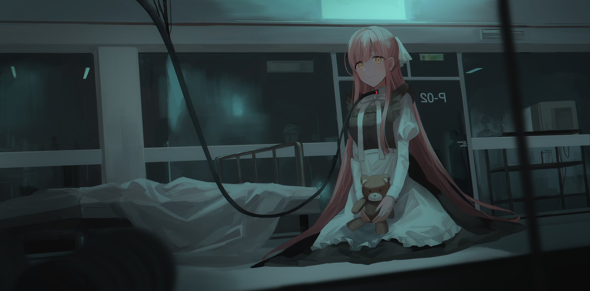 HD anime wallpaper depicting a night scene in a hospital infirmary. A girl with long pink hair sits in a dimly lit room, holding a stuffed animal, creating a somber and reflective atmosphere.