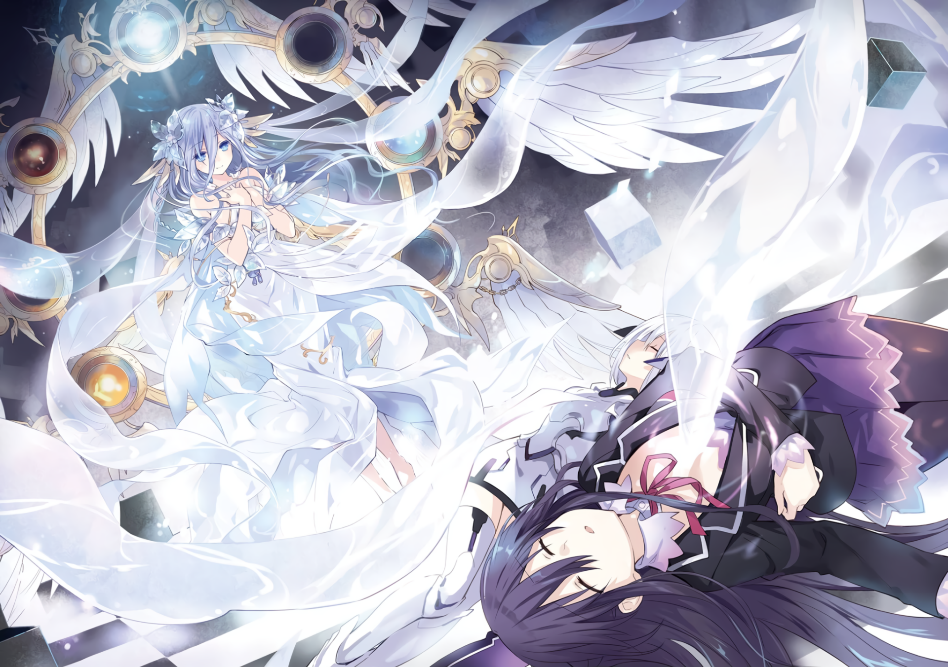 HD anime desktop wallpaper featuring Origami Tobiichi, Tohka Yatogami, and Mio Takamiya from Date A Live surrounded by ethereal light and mystical elements.