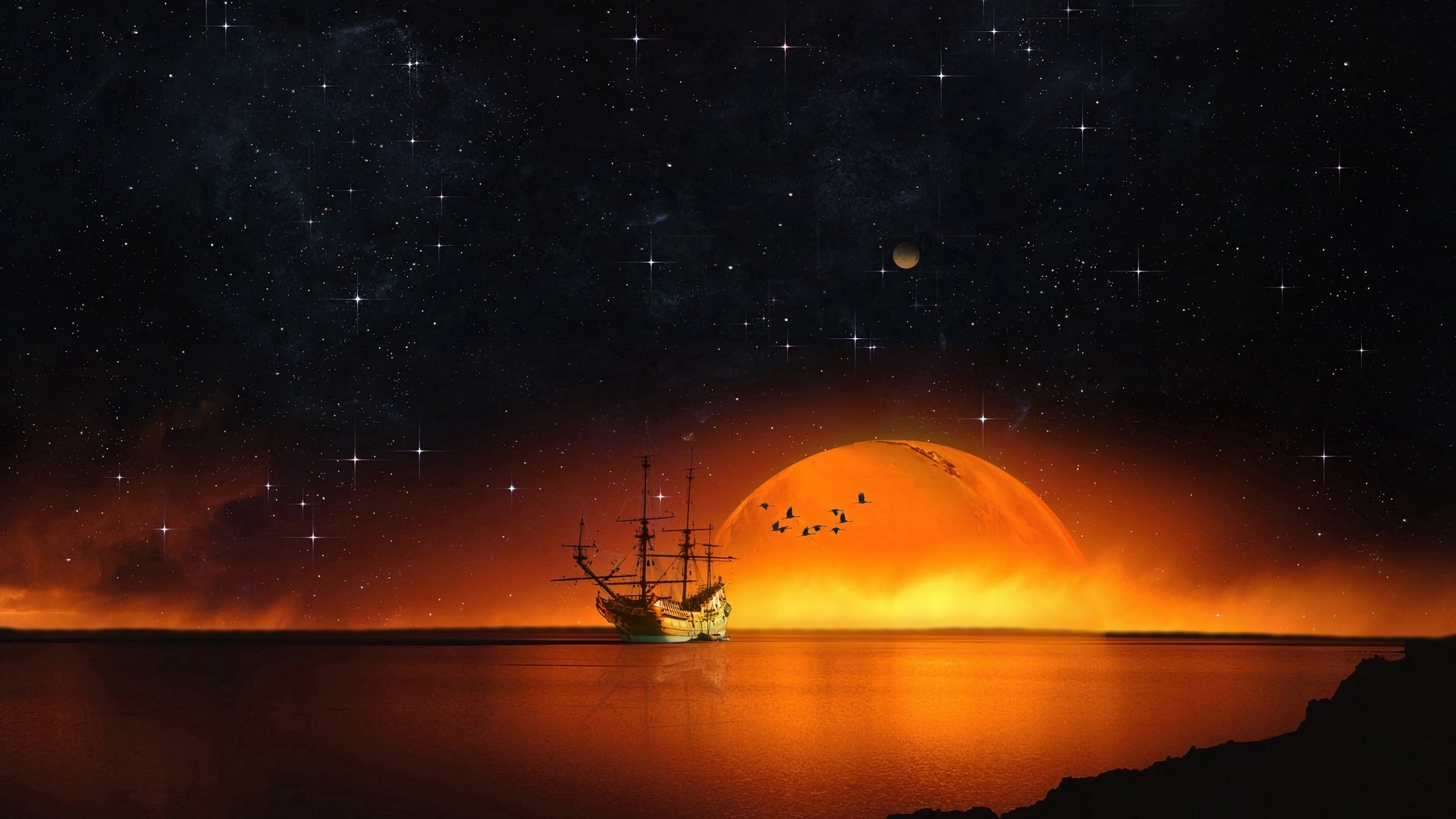 HD desktop wallpaper featuring a digitally manipulated sailboat sailing toward a glowing orange sunset under a starry sky.