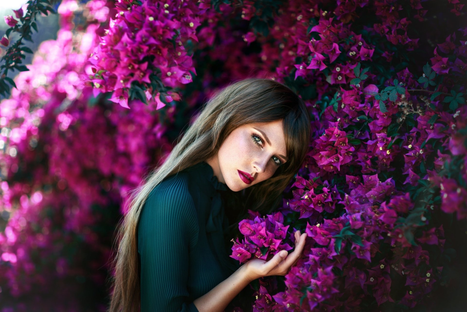 Download Purple Flower Flower Green Eyes Lipstick Brunette Long Hair Woman Model HD Wallpaper by Melanie Dietze