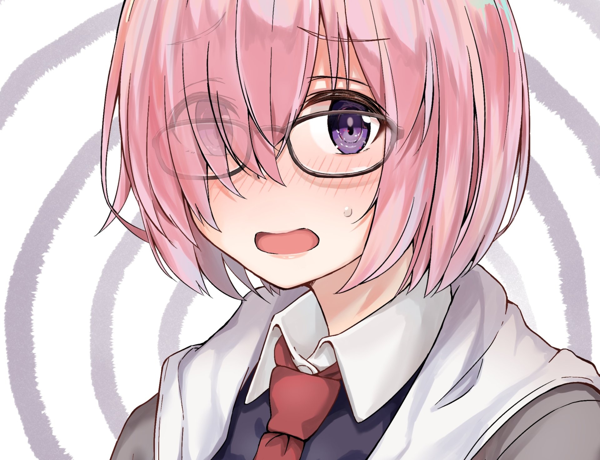 HD PC desktop wallpaper featuring Mashu Kyrielight from the anime Fate/Grand Order with her signature pink hair and purple eyes against a spiral background.