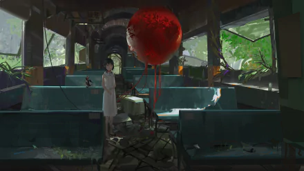 HD Anime desktop wallpaper of an abandoned train interior with overgrown greenery. A person in white stands beside a large red balloon, creating an eerie, mysterious scene.