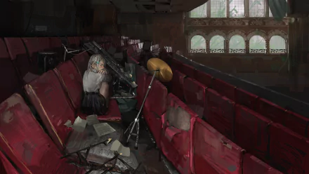HD wallpaper showcasing an anime character sitting in an abandoned theater with a drum set and piano present, creating a blend of music and cinematic atmosphere.