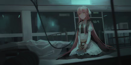 HD anime wallpaper depicting a night scene in a hospital infirmary. A girl with long pink hair sits in a dimly lit room, holding a stuffed animal, creating a somber and reflective atmosphere.