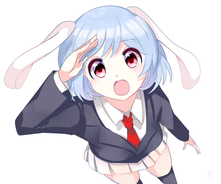 HD anime desktop wallpaper featuring Rei'sen from Touhou with white hair, red eyes, and bunny ears, dressed in a school uniform with a red tie.
