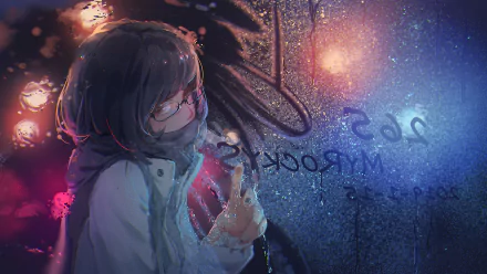 Anime-style artwork featuring a girl wearing glasses and a scarf, with a misty background and warm lights. She writes on a fogged window, making it an original HD desktop wallpaper.
