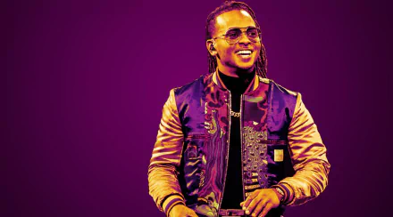 HD desktop wallpaper featuring a smiling person with sunglasses on a vibrant purple background, tagged with Ozuna.