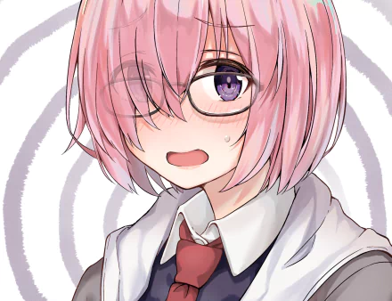 HD PC desktop wallpaper featuring Mashu Kyrielight from the anime Fate/Grand Order with her signature pink hair and purple eyes against a spiral background.