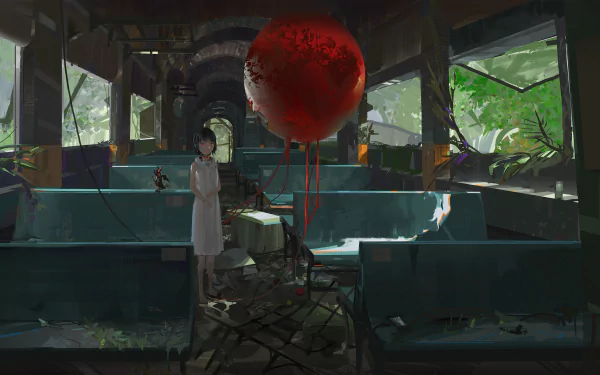 HD Anime desktop wallpaper of an abandoned train interior with overgrown greenery. A person in white stands beside a large red balloon, creating an eerie, mysterious scene.