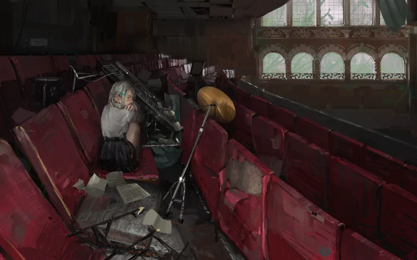 HD wallpaper showcasing an anime character sitting in an abandoned theater with a drum set and piano present, creating a blend of music and cinematic atmosphere.