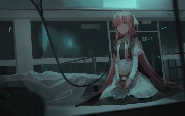 HD anime wallpaper depicting a night scene in a hospital infirmary. A girl with long pink hair sits in a dimly lit room, holding a stuffed animal, creating a somber and reflective atmosphere.