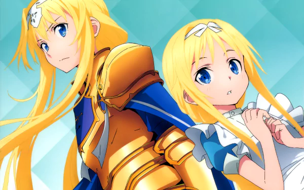 Anime-style 4K Ultra HD wallpaper of Alice Zuberg from Sword Art Online: Alicization, featuring her in golden armor and a white dress against a blue geometric background.