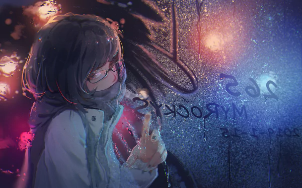 Anime-style artwork featuring a girl wearing glasses and a scarf, with a misty background and warm lights. She writes on a fogged window, making it an original HD desktop wallpaper.