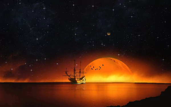 HD desktop wallpaper featuring a digitally manipulated sailboat sailing toward a glowing orange sunset under a starry sky.