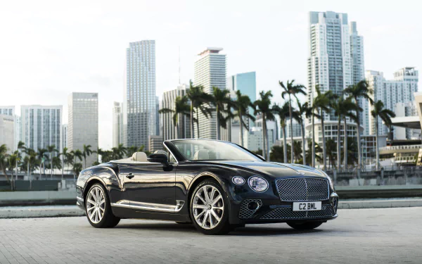 Black Bentley Continental GT cabriolet parked against a city skyline with palm trees, captured in 8K Ultra HD as a PC desktop wallpaper and background.