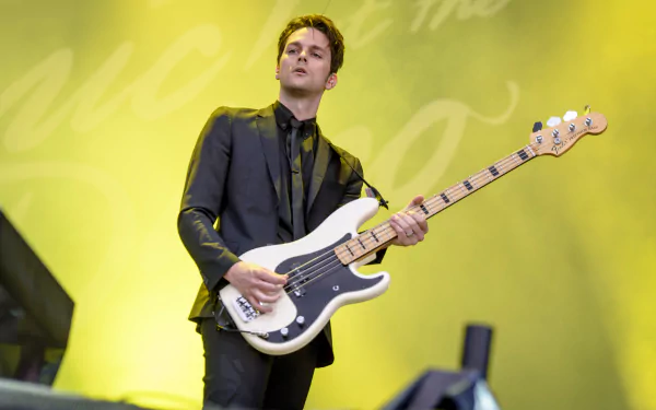 HD desktop wallpaper of a Panic! at the Disco band member playing the bass guitar on stage.